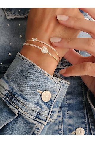 Eva Takı Store Kalp Damla İki Sıralı Model Gold Renk Çelik Ayarlanabilir Bileklik Kelepçe Gold