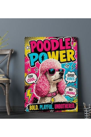 Bk Gift Poodle Power Yazılı Pembe Saçlı Güneş Gözlüklü Kaniş Pop Art Renkli Kanvas Duvar Tablosu 50x70 Cm