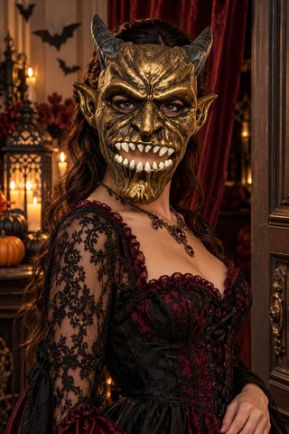 Halloween Boynuzlu Şeytan Yüz Maskesi Eskitme Bronz Altın Cadılar Bayramı Korku Kostüm Aksesuarı