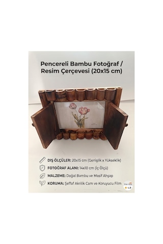 Tasarım Pencereli Doğal Bambu Fotoğraf Çerçevesi - 20x15 Cm Rustik Ahşap Hediyelik Resim Çerçevesi Kahverengi