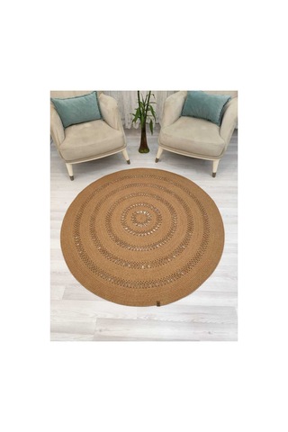Jüt Hasır Görünümlü Desenli Modern El Örgüsü Daire Halı Kilim Hasır Hasır