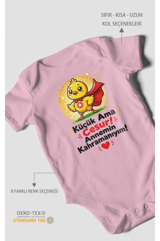 Morivokids Küçük Ama Cesur Annemin Kahramanıyım Kısa Kollu Bebek Body %100 Pamuk Koyu Pembe