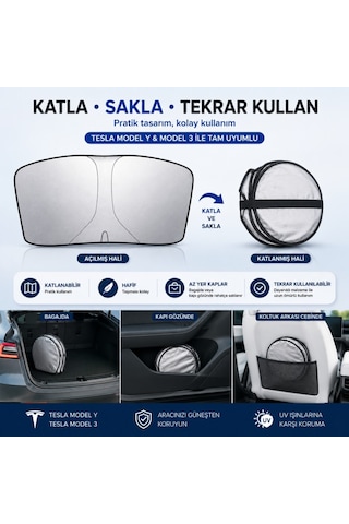 Polham 140x80 Cm Tesla Model Y Ve Model 3 İle Uyumlu Ön Cam Güneşliği, Isı Yalıtımlı Güneş Koruyucu 23311732