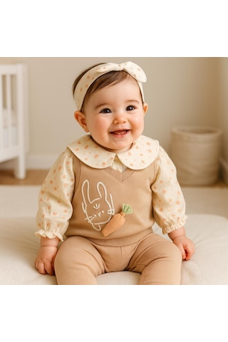 Albania Havuç Detaylı Müslin Gömlekdetaylı Omuzdan Çıtçıtlı 3 Lütakım Kahverengi