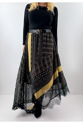 Modaonna Patchwork Desenli Kemerli Şifon Etek Çok Renkli