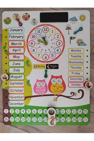 Montessori Ingilizce Ahşap Saatli Eğitici Takvim Günler, Aylar, Mevsimler, Hava Durumu, Rakamlar
