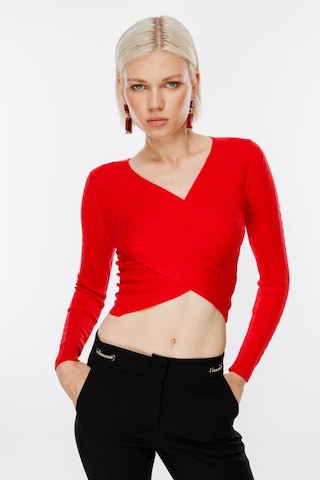 On Kadın Oversize V Yaka Crop Kazak - Uzun Kol Kırmızı