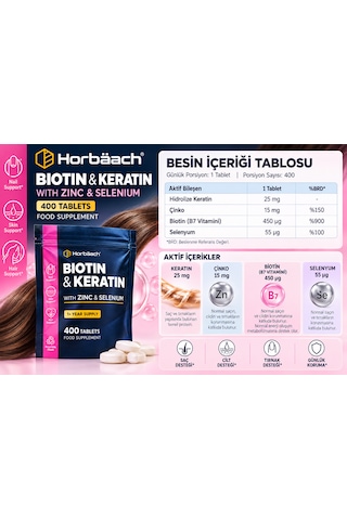 Horbäach Biotin & Keratin Çinko Ve Selenyum İçeren Takviye Edici Gıda 400 Tablet