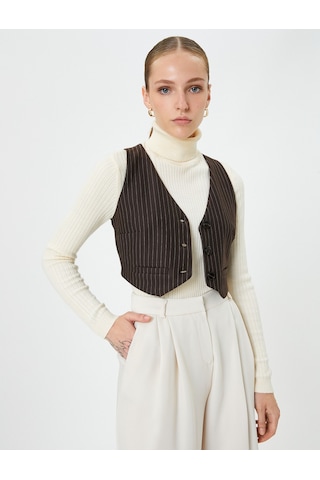 Koton Crop Yelek Düğmeli Mini Cepli Ekru Çizgili 4wak10238ek Ekru Çizgili