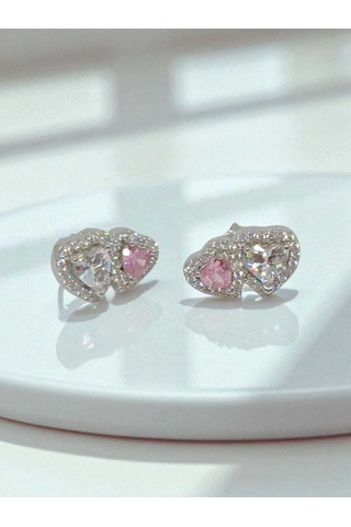 925 Ayar Gümüş Çift Kalpli Pembe Ve Beyaz Taşlı Çivi Küpe Zarif Ve Işıltılı Tasarım Gümüş