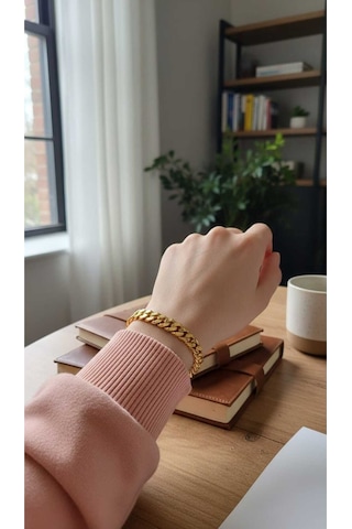 Işıltılı Dokulu Altın Kaplama Gurmet Zincir Bileklik - 19 Cm Takı Aksesuar Gold