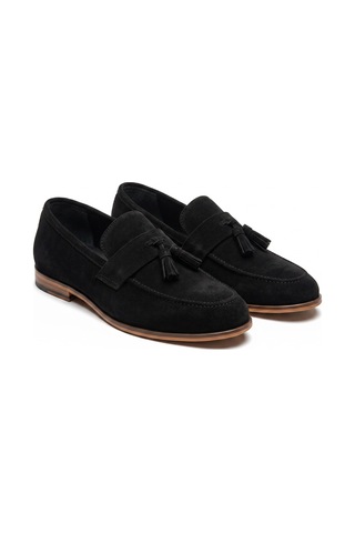 Rayvora Erkek Süet Deri Püsküllü Termo Taban Garson Boy Klasik Ayakkabı Kundura Loafer Casual Siyah Süet