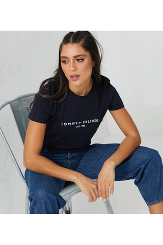Tommy Hilfiger Tommyhilfiger Yazı Logo Nakışlı Pamuklu Kadın T-shirt Lacivert-mavi