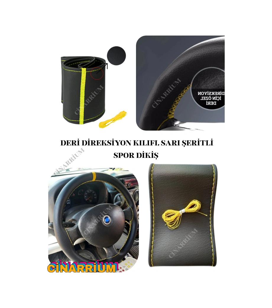 Volkswagen Tiguan Yerli Üretim Suni Deri Direksiyon Kılıfı, Sarı Şeritli Spor Dikiş Çok Renkli