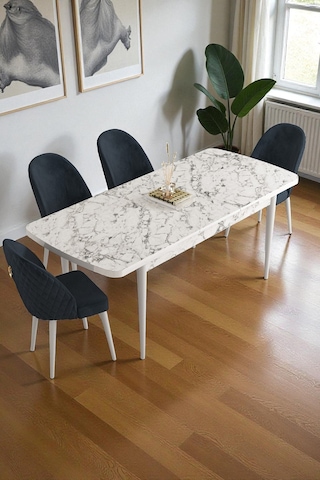 Mura Beyaz Mermer 80x132 Açılabilir Mdf Masa Yemek Odası Takımı, Mutfak Takımı 4 Adet Sandalye Antrasit