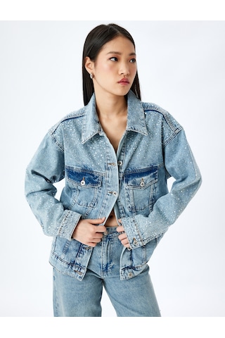 Koton Cepli Taş Detaylı Düğmeli Denim Ceket Açık İndigo 5sal50009md Açık İndigo