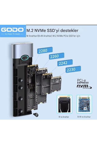 Godo M.2 Nvme Muhafaza Kutusu Ce Lisanslı 2280/2260/2242/2230/ 10gbps Usb 3.2 Yüksek Hızlı Son Nesil Teknoloji Metal Sağlam