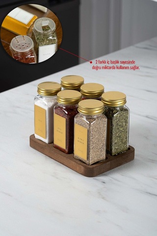 6'lı Kare Ahşap Standlı Baharatlık Gold Kapaklı-etiketli Cam Baharatlık Seti Mh01gld06k Gold - Şeffaf