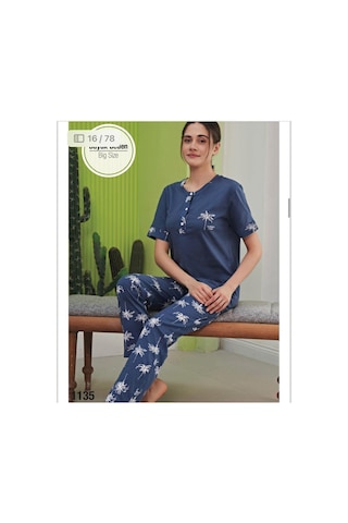 Miss Klein Kadın Büyük Beden Düğme Yaka Pamuklu Likralı Kısa Kol Pijama Takımı 1135 - 1 Adet İndigo