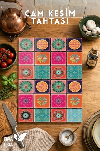 Etnik Desenli Cam Kesim Tahtası - 25x35cm -dayanıklı Ve Pratik Kesim Matı Çok Renkli