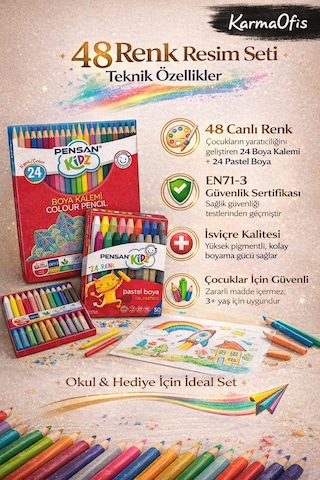 48 Renk Resim Seti 24 Boya Kalemi + 24 Yumuşak Pastel Boya Çocuk Boya Seti Yerli Üretim