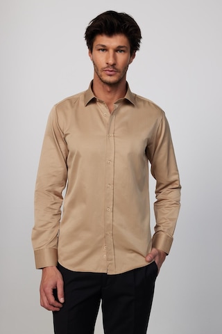 Tudors Modern Slim Fit Uzun Kollu Düz Saten Pamuklu Erkek Krem Gri Gömlek-23059 Krem