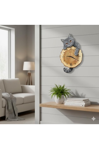 Cajuart Kütük Üzerinden Bakan Gri Kedi Tasarımlı Duvar Saati Modern Dekoratif Saat Kahverengi