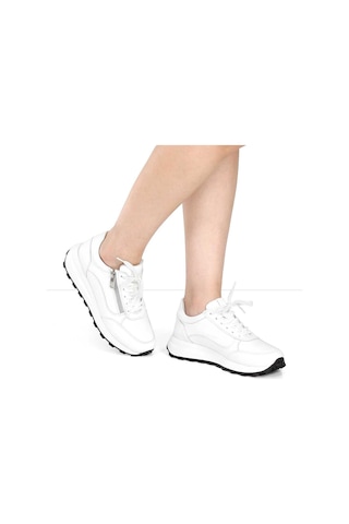 Kadın Beyaz Bağcıklı Fermuarlı Deri Sneaker