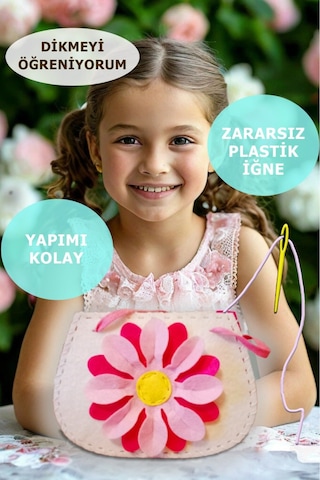 Keçe Dikiş Seti , Çiçekli Keçe Çanta, Kendin Yap Çocuk Çantası