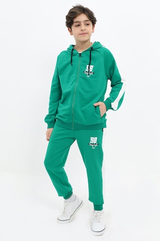 Toontoy Kids Toontoy Erkek Çocuk 2'li Takım Baskılı Kapüşonlu Fermuarlı Cepli Reglan Kol Sweatshirt & Beli Paçası Lastikli Cepli Jogger Eşofman Altı - Bant Detaylı & 2 İplik Yeşil