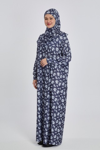 Pratik Tek Parça Manolya Desenli Namaz Elbisesi Lacivert