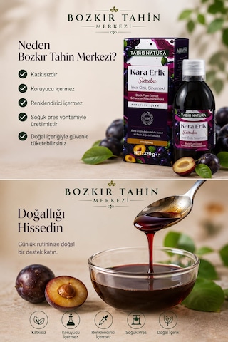Bozkır Tahin Merkezi Kara Erik Şurubu Incir Özü Ve Sinameki Içerikli Şurub 320 Gr 2 Adet Katkısız&vegan