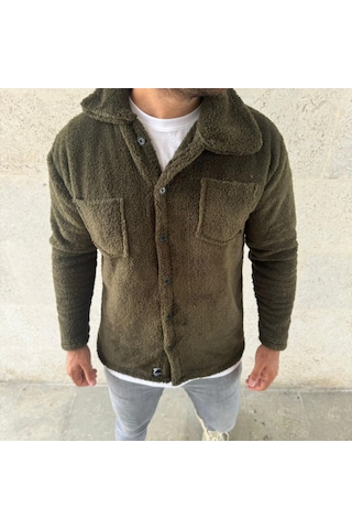 Etiler Collection Erkek Pelüş Polar Hırka Gömlek Yakalı, İlik Düğmeli, Göğüs Cepli, Yumuşak Dokulu Kışlık Regular Fit Rahat Günlük Model - Haki