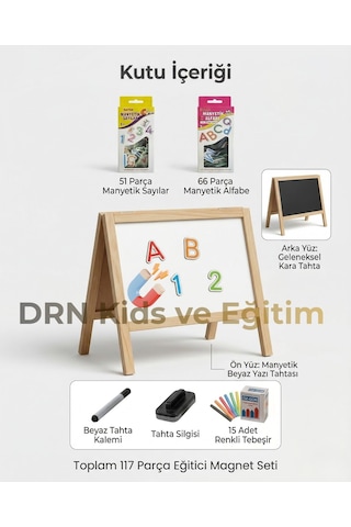 Drn Kids Ve Eğitim Drn Kidsve Eğitim ,manyetik Çift Taraflı Yazı Tahtası 117 Parça Magnet,15 Renkli Tebeşir 1 Adet Silgi Ve Kalem Ahşap