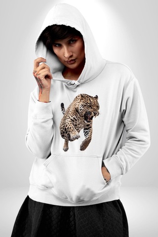Jaguar Sırtından Çıkan Kadın Erkek Beyaz Kapüşonlu Sweatshirt Hoodie Beyaz