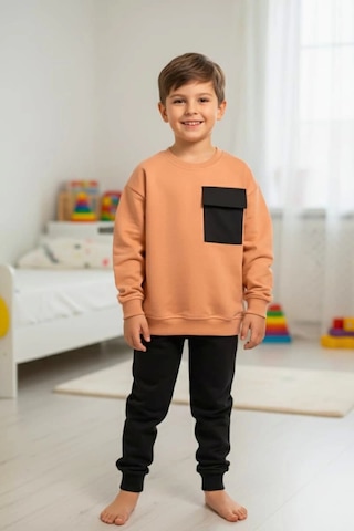 Cep Detaylı Erkek Çocuk Soft Turuncu Renk Eşofman Takım Turuncu
