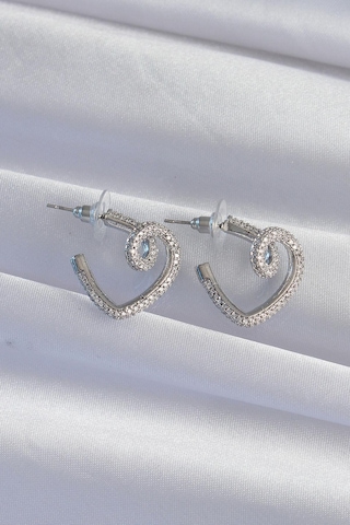 Pirinç Gümüş Renk Zirkon Taşlı Kıvrımlı Yarım Kalp Küpe Gold