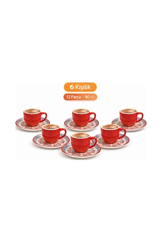 6 Kişilik Türk Kahvesi Fincanı Takımı,12 Parça,90 Ml Seramik Set,mikrodalga/bulaşık Makinesine Uygun Kırmızı