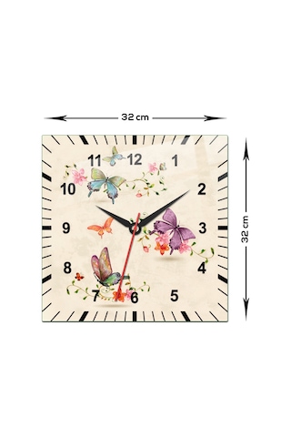 Cam Duvar Saati Çiçek Desenli Krem Fon 32cm X 32cm Çiçek