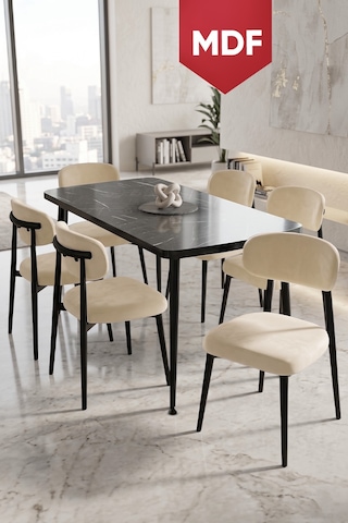 Runes Serisi Mdf Sabit 80x130 Siyah Mermer Desen Mutfak Masası Takımı 6 Sandalye Siyah Mermer - Krem