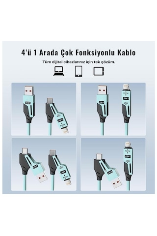 Usb Type C Lightning 4'ü 1 Arada 65w Pd Hızlı Şarj Data Kablosu 1.5m Spiral Çevirici