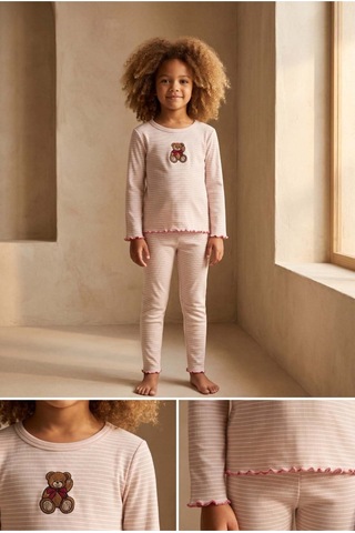 Katia&bony Kız Çocuk Teddy Desenli Pijama Takımı Ekru Ekru
