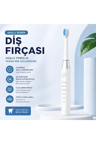 Akıllı Sonik Diş Fırçası 15000 Titreşim/dk 5 Modlu Şarjlı Elektrikli Diş Fırçası Type-c Hızlı Şarj