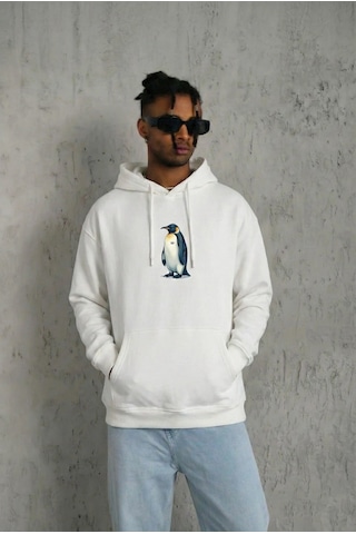 Barlashive Erkek Survivor Penguin Baskılı 3 İplik Pamuklu Kapüşonlu Sweatshirt Hoodie Beyaz Çok Renkli