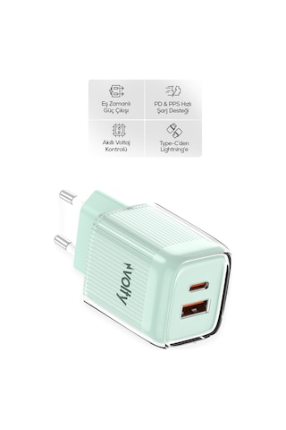 Hızlı Şarj Adaptörü 35w Gan + Lightning Kablo 30w Pd Usb-c&usb-a, Tablet&telefon Yeşil-v0102019