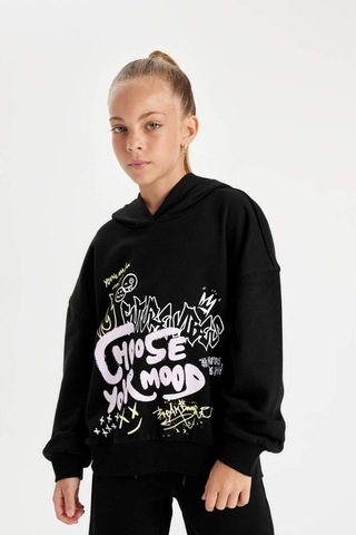 DeFacto Kız Çocuk Siyah Oversize Geniş Kalıp Kapüşonlu Baskılı Sweatshirt D0614A824AUBK81 Siyah