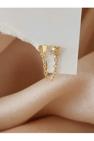 Eva Takı Store Kalp Zincir Sallantılı Model Kıkırdak Tragus Helix Piercing Gold Altın Renk Küpe Altın