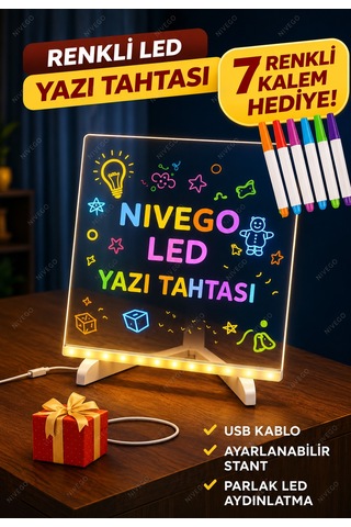 Nvg 12 İnç Led Işıklı Çizim Tahtası 20x30 Cm Usb Beslemeli Yazı Panosu Ayarlanabilir Stant 7 Renk Kalem Hediyeli Eğitici Oyuncak Şeffaf