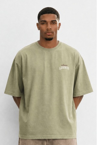 Respire Erkek Leather Baskılı Oversize T-shirt Haki