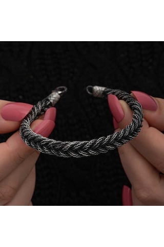 Premium 1000 Ayar İthal Gümüş Kazaziye Örgü Bileklik Gümüş - Siyah 60814161